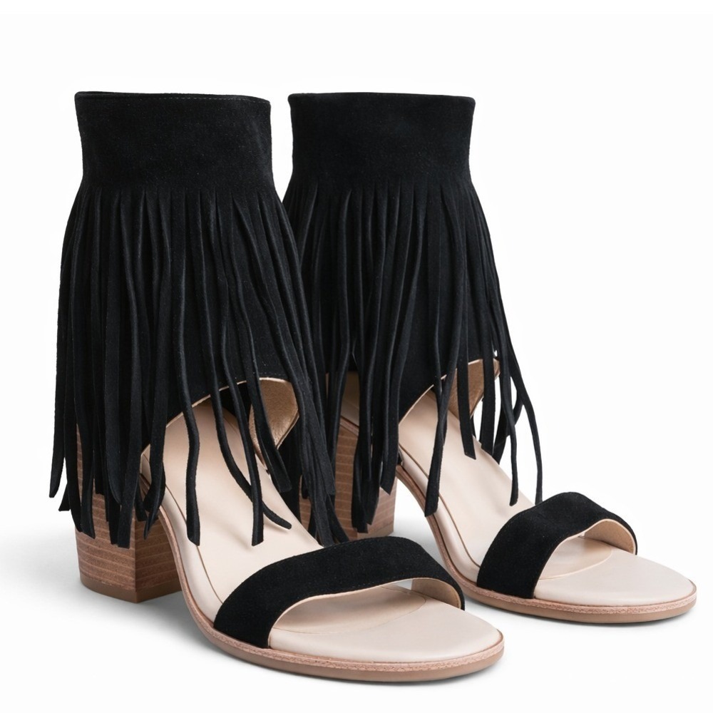 Koolaburra UGG Piaz II US 11 Black Suede Fringe Heel Sandals Boho Festival